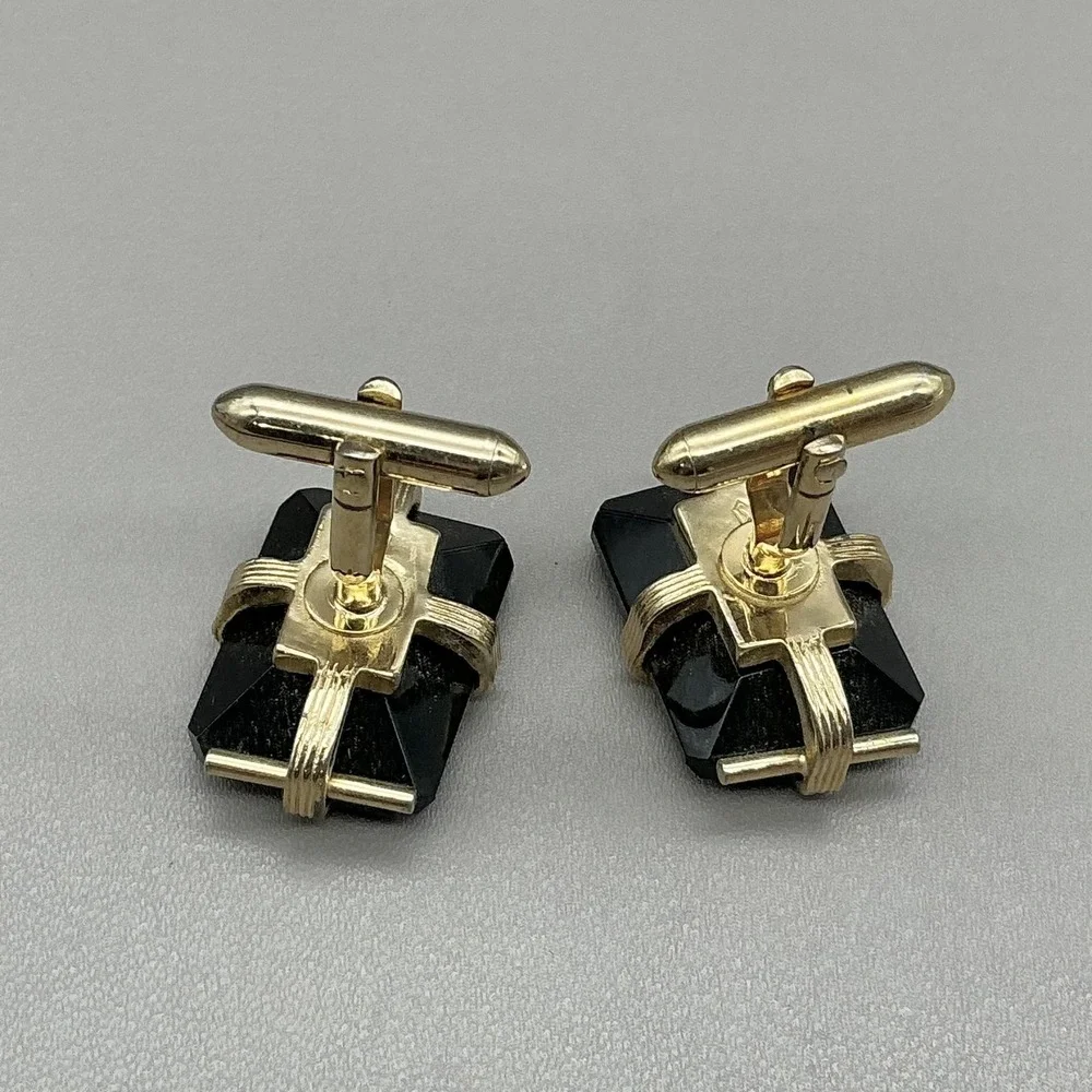 Vintage Mens Cufflinks Gold Tone Black Intaglio Figure Stone Bullet Back Jewelry